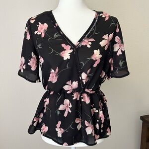 Sienna Sky Floral Faux Wrap Peplum Blouse Black Pink Size S